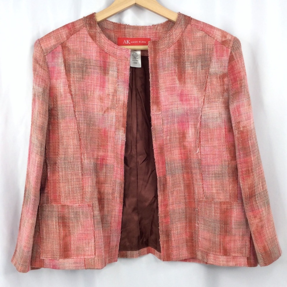 AK Ann Klein Linen Blend Open Front Blazer Women's Size 14P Petite Red Pink